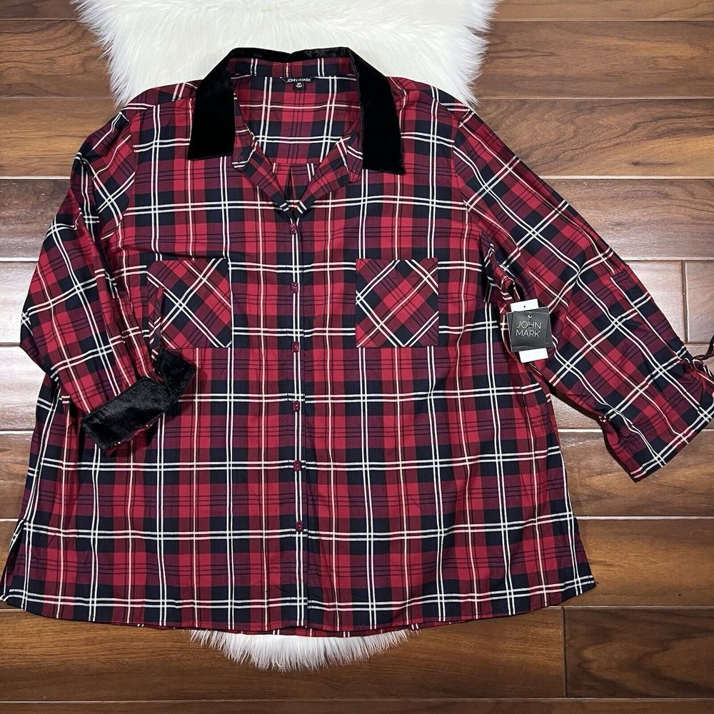 John Mark Women's Size 3X Red Plaid Button Up Cinched Sleeve‎ Shirt Top